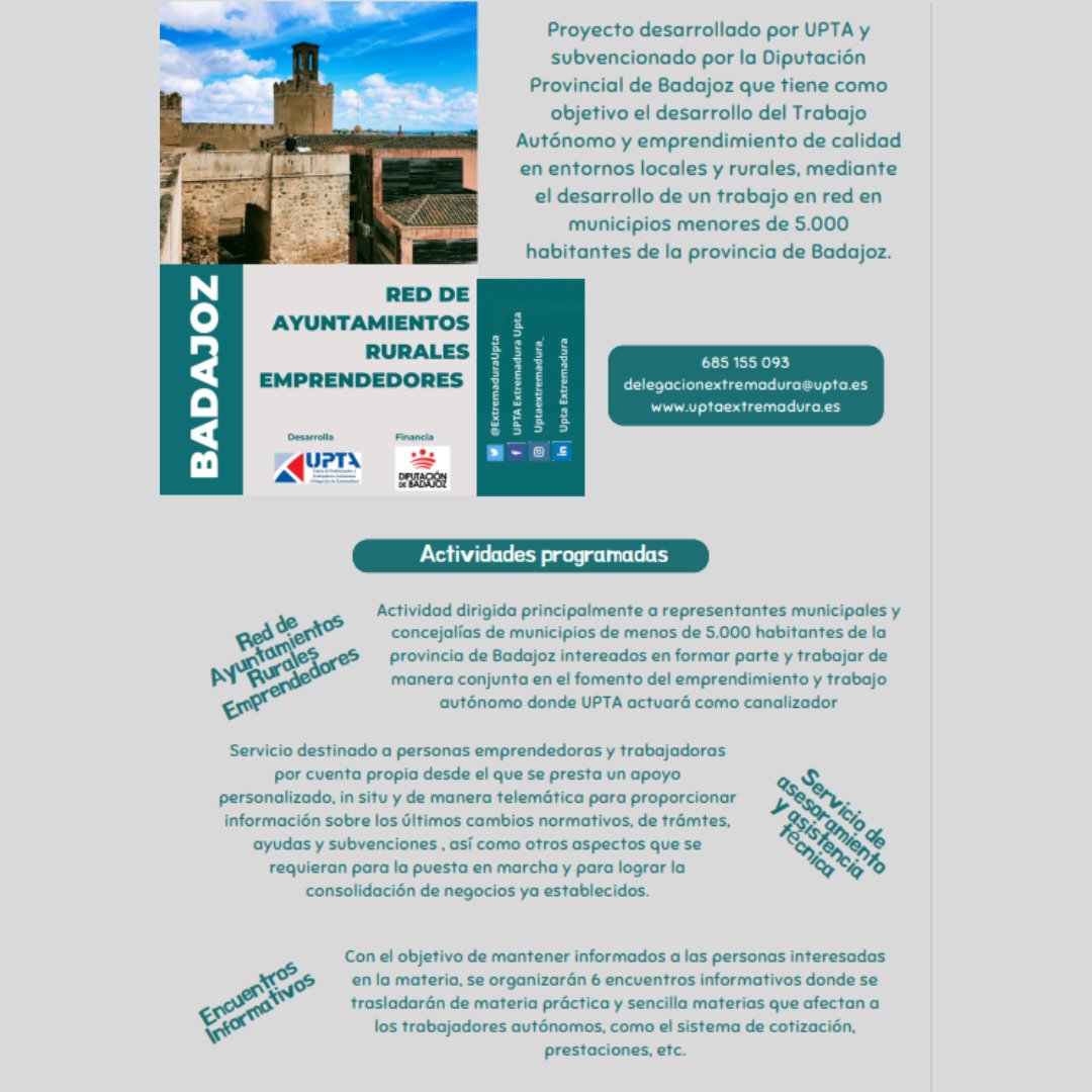 Upta Extremadura (@extremaduraupta) on Twitter photo Seguimos asesorando a los autónomos de los más de 30 municipios adheridos a la #redaytosruralesemprendedores de #badajoz
📞Contacta con nosotros
<a href="/DipdeBadajoz/">Diputación de Badajoz</a> <a href="/upta_es/">UPTA España</a>
<a href="/EDUARDOABADSABA/">Presidente UPTA España</a> <a href="/InesMazuelaRo/">Inés Mazuela</a>
#RAREBadajoz Seguimos asesorando a los autónomos de los más de 30 municipios adheridos a la #redaytosruralesemprendedores de #badajoz
📞Contacta con nosotros
<a href="/DipdeBadajoz/">Diputación de Badajoz</a> <a href="/upta_es/">UPTA España</a>
<a href="/EDUARDOABADSABA/">Presidente UPTA España</a> <a href="/InesMazuelaRo/">Inés Mazuela</a>
#RAREBadajoz