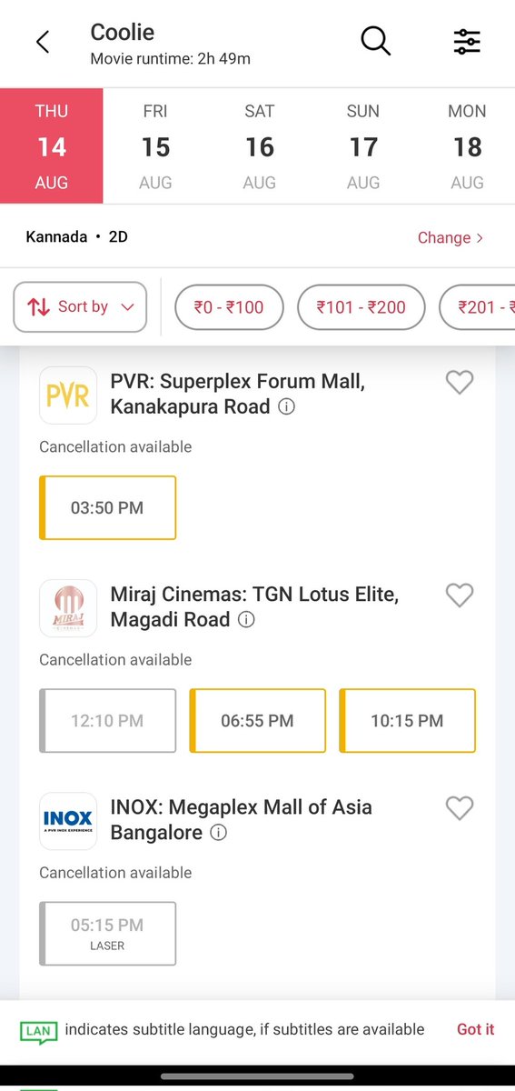 The trailer wasn’t released on time.
No songs were released.
Not even a single glimpse was dedicated to the Kannada audience. 
There are fewer shows and no prime slots.
Zero promotion.

Still, the first-day occupancy is good for Kannada version of #Coolie 

#Dubbinginkannada