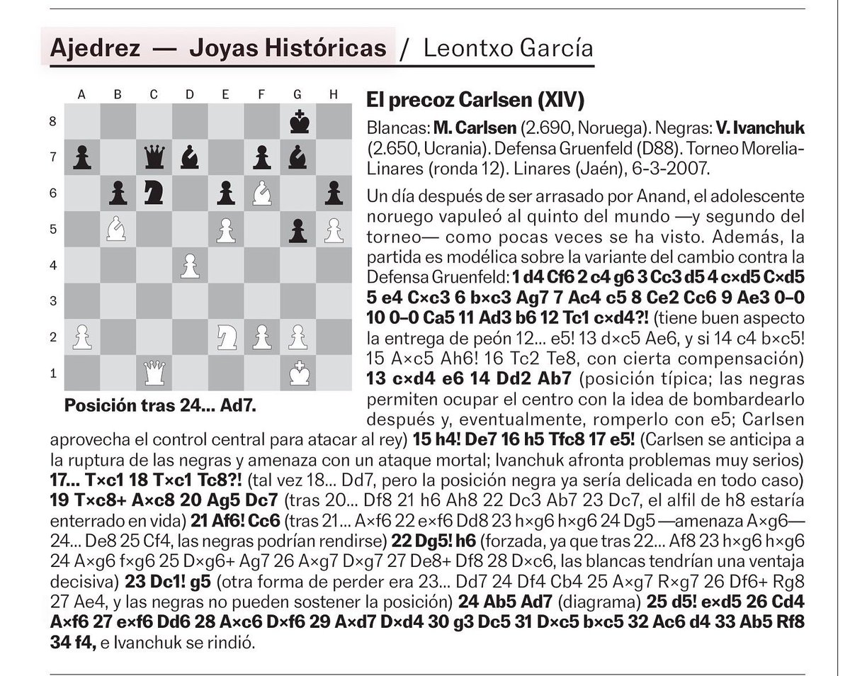 No hay agosto en el que <a href="/leontxogarcia/">Leontxo García</a> no se acuerde de Linares en su serie de Joyas Históricas del Ajedrez en <a href="/el_pais/">EL PAÍS</a> .
Hoy nos deja un espectacular duelo entre dos de los más grandes maestros: M. Carlsen y V. Ivanchuk.