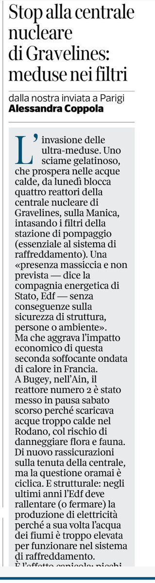#agosto 
Distratto, mi era sfuggita questa (esilarante) notizia su #climatecrisis e #nucleare “sicuro” che viene da #Gravelines in #Francia, il paese il cui mix energetico è adorato da #nuketrolls e nuke fans …e che però soffre le #meduse e il caldo 😜