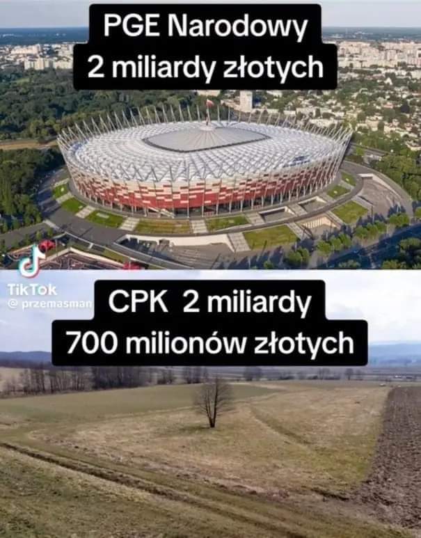 Na górnym zdjęciu za Premiera Donalda Tuska wybudowano takich stadionów 5 ,chorzowski zmodernizowano, wybudowano tysiące dróg i autostrad.
Na dolnym  zdjęciu stracono 2,7 mld zł i wyremontowano przez 8 lat tylko 2 ołtarze, ale prezesi milionerami zostali
