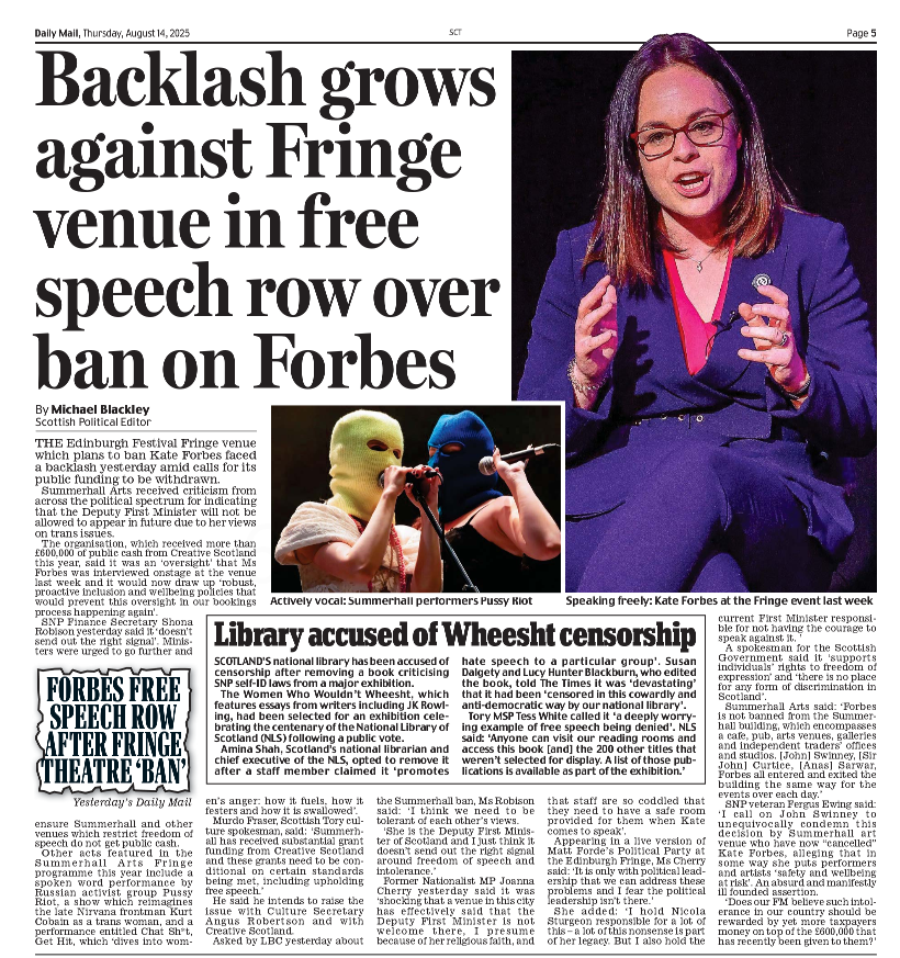 Why should taxpayers bankroll a Fringe venue that bans speakers it dislikes? 

If <a href="/edfringe/">Edinburgh Festival Fringe</a> venues can’t uphold free speech, their public funding must be pulled — no compromise.