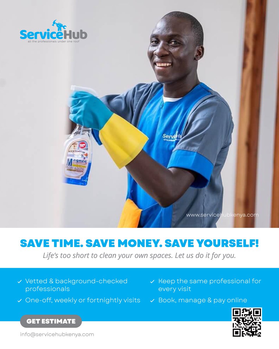 ServiceHubLtd's tweet photo. Save Money. Save Time. Save Yourself.
That’s the ServiceHub promise.

#ServiceHub #KenyaBusiness #SmartCleaning https://t.co/Z0fAFUfTt5