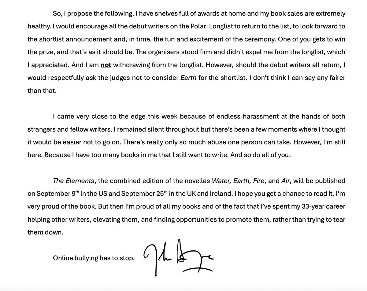 John Boyne (@johnboynebooks) on Twitter photo I've remained silent over the last week with regard to the <a href="/PolariPrize/">Polari Prize</a> as I wanted to get my thoughts in order.
Many thanks to all the people who've contacted me with messages of support.
This is all I have to say, and all I will ever say, on the subject. -JB I've remained silent over the last week with regard to the <a href="/PolariPrize/">Polari Prize</a> as I wanted to get my thoughts in order.
Many thanks to all the people who've contacted me with messages of support.
This is all I have to say, and all I will ever say, on the subject. -JB
