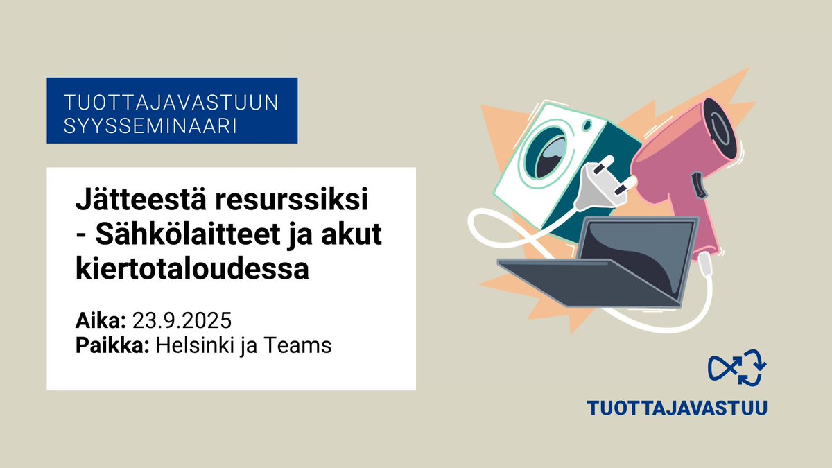 Tuottajavastuu's tweet photo. ♻️ Miten sähkölaitteet ja akut saadaan paremmin kiertoon ja raaka-aineet uudelleenkäyttöön? Tuottajavastuun syysseminaarissa mm. lainsäädännöstä, jätemateriaalien raaka-ainepotentiaalista ja yrityspuheenvuoroja!

Ilmoittaudu: https://t.co/cuD0A3eLLi

#tuottajavastuu #kiertotalous https://t.co/YQ9GXSG4kH