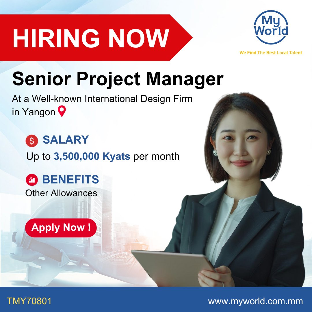 MyWorld Careers Myanmar (@myworld_myanmar) on Twitter photo Hiring in #Yangon
Position - #SeniorProjectManager a Well-known International Design Firm in Yangon
Salary - 3,500,000 Ks
#Job Link - tinyurl.com/bdf3pebd
Email - support@myworld-careers.com
#vacancies #jobs #jobopportunity Hiring in #Yangon
Position - #SeniorProjectManager a Well-known International Design Firm in Yangon
Salary - 3,500,000 Ks
#Job Link - tinyurl.com/bdf3pebd
Email - support@myworld-careers.com
#vacancies #jobs #jobopportunity