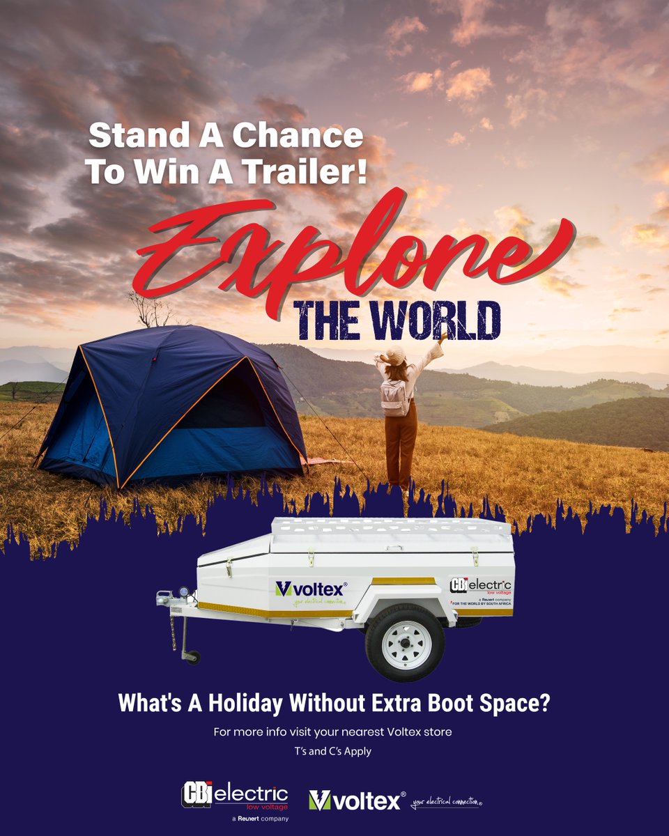 voltexsa's tweet photo. π Whatβs a holiday without extra boot space?
Spend R3000 or more on CBi products at Voltex and stand a chance to WIN 1 of 2 trailers!
π
1 Aug β 30 Nov 2025
Tβs & Cβs apply.
#Voltex_sa #CBielectric #ExploreTheWorld #CompetitionTime #TravelGoals #WinWithVoltex https://t.co/TA0Ncu6a88