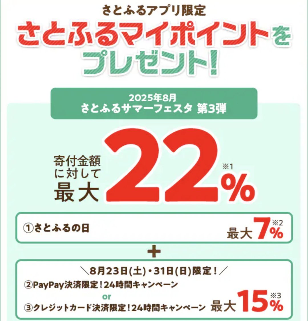 さとふるアプリ限定 8/23・31 PayPay orクレジットでふるさと納税で最大22％還元(付与上限：各日2,000)  13,334円の利用で上限！ 還元はPayPay、クレジットあわせて2,000なので注意！ エントリー https://t.co/qcsJ1fx6aR
