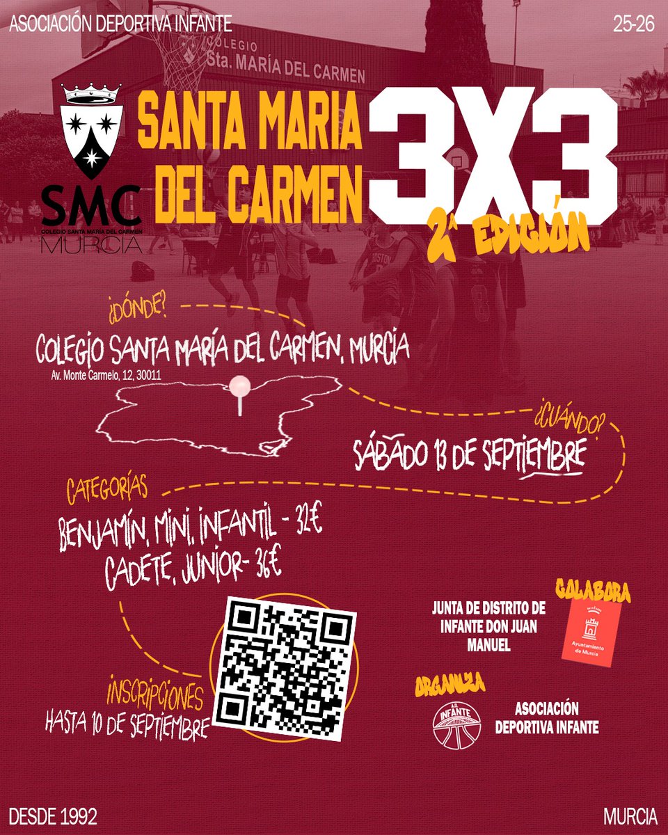 🏀✨ ¡Vuelve la gran fiesta del basket al SMC junto con <a href="/ad_infante/">A.D. Infante Murcia</a>!

📆 Sábado 13 de septiembre
📍 Colegio Santa María del Carmen, Murcia
📝 Inscripciones hasta el 10 de septiembre

⛹️‍♀️ Para TODAS las categorías de baloncesto base.

📩 Inscríbete en carmelitasmurcia.com