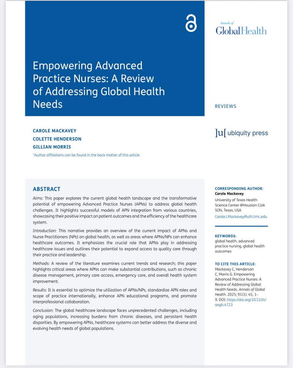 Thrilled that our article is now published. Fantastic to work with Dr Carole Mackavey and <a href="/coletteh16/">Colette Henderson</a> looking at the value of APNs in global health <a href="/UoDHealthSci/">School of Health Sciences, University of Dundee</a> <a href="/dundeeuni/">University of Dundee</a>