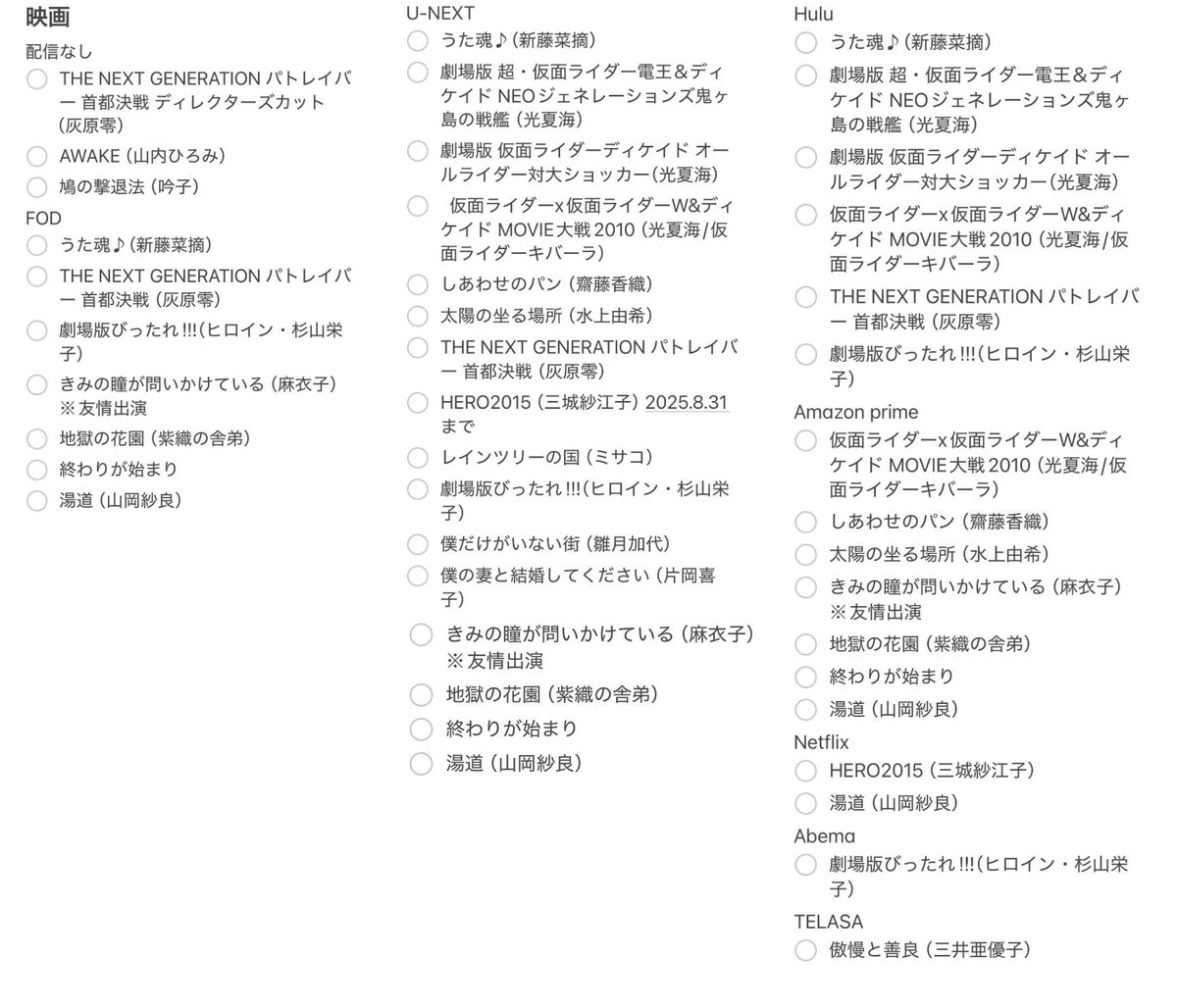 22622kk's tweet photo. 文字小さいので拡大してほしいのですが、
カンナさんがこれまで出演したドラマ、映画がどこで見られるかの一覧作ってみました！
配信なしはTSUTAYAなどでレンタルができます。
いろんなカンナさん観られておすすめなのでぜひ！かわいいよっ⤴︎！
#あやひろ２ 
#あやひろチルドレン 
#森カンナ さん https://t.co/buwvnuWkpg
