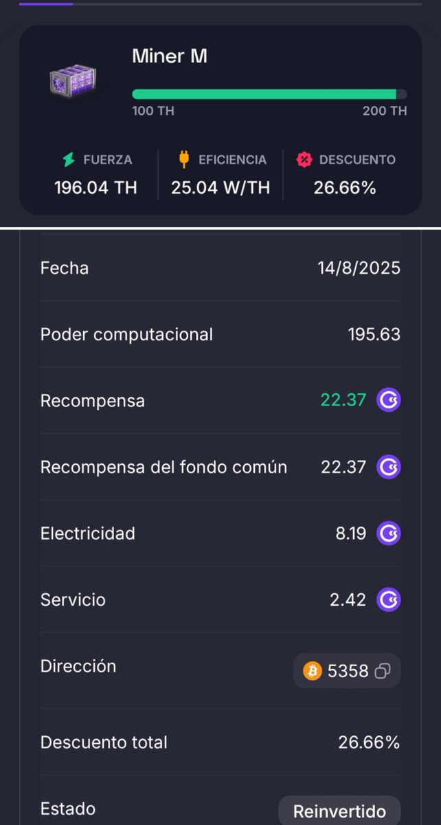 MarcosLope15338's tweet photo. 📅 14/8/2025
💰 Recompensa reinvertida
⚡ Granja= 196.04 TH | 25.04 W/TH
Mañana a generar GMT para el mantenimiento!
Aparcamos reinversion por unos dias
¡¡Acompañame!! https://t.co/JOkhbs0rcg
#GoMining #CryptoMiner #THDiario #VIPMining #ReinversiónInteligente https://t.co/HYjnxtXEEz