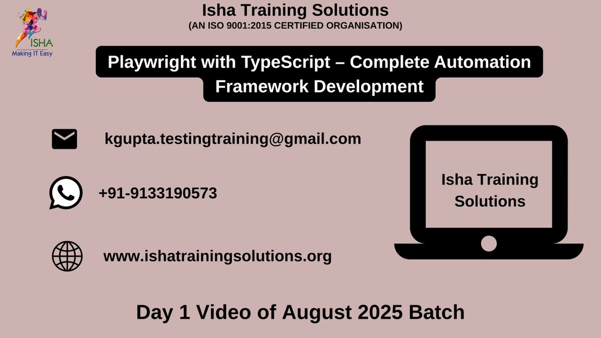 IshaKumargupta's tweet image. &quot;Playwright with TypeScript”-Day1 Video
youtu.be/243JwvMBLt0
Enrollments are still in progress
Regular sessions will start from:
14th August @ 8 PM (IST)
Price:6,900 INR/89 USD
pls call/WhatsApp @+91-9133190573/8977922427

#PlaywrightWithJava #PlaywrightTesting #JavaAutomation