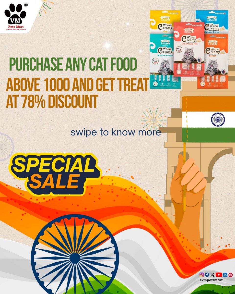 vmpetsmart's tweet photo. VM Pets Mart Independence Day Offers 2025 at 78% discounts 👇
🇮🇳 Purchase any dog food above 1000 and Get Basil's Ice cream at 78% discount
🇮🇳 Purchase any cat food above 1000 and Get cat treats at 78% discount
🇮🇳 Purchase between Rs.500 to Rs.1000 and Get dog/cat gravy at 78% https://t.co/VTfWIlxTU5