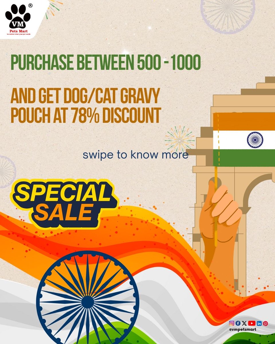 vmpetsmart's tweet photo. VM Pets Mart Independence Day Offers 2025 at 78% discounts 👇
🇮🇳 Purchase any dog food above 1000 and Get Basil's Ice cream at 78% discount
🇮🇳 Purchase any cat food above 1000 and Get cat treats at 78% discount
🇮🇳 Purchase between Rs.500 to Rs.1000 and Get dog/cat gravy at 78% https://t.co/VTfWIlxTU5