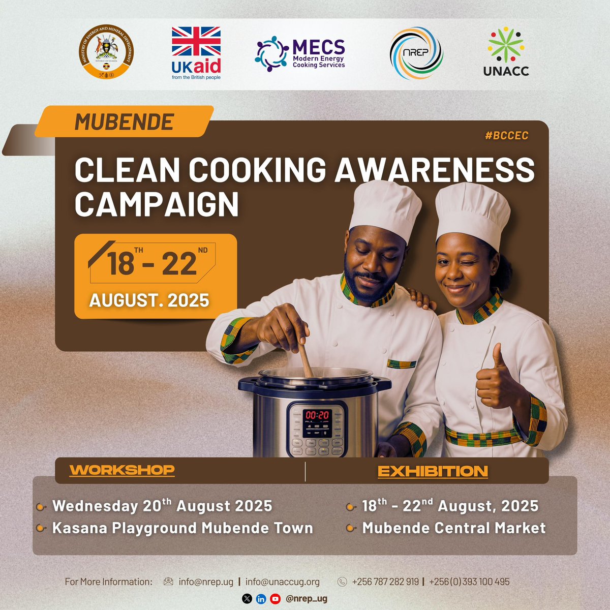 From 18th–22nd August 2025, the Clean Cooking Awareness Campaign is coming to town ; bringing you an exciting exhibition at #Mubende Central Market and an engagement workshop on 20th August at #Kasana Playground. 

Discover modern, efficient cooking solutions that save time, cut