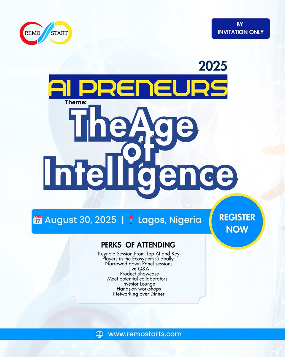 Ibukun Amosu π³π¬π¬π (@amosuibk) on Twitter photo AI Preneur 2025: βThe Age of Intelligenceβ by <a href="/RemoStart/">RemoStart - Hiring</a>
π
Aug 30, Lagos | Strictly invite-only
Founders, builders, investors, - connect, learn & build Africaβs AI future.
Keynotes β’ Panels β’ AI Product Showcases β’ Investor Lounge β’ Networking
π eventbrite.com/e/ai-preneur-aβ¦ AI Preneur 2025: βThe Age of Intelligenceβ by <a href="/RemoStart/">RemoStart - Hiring</a>
π
Aug 30, Lagos | Strictly invite-only
Founders, builders, investors, - connect, learn & build Africaβs AI future.
Keynotes β’ Panels β’ AI Product Showcases β’ Investor Lounge β’ Networking
π eventbrite.com/e/ai-preneur-aβ¦