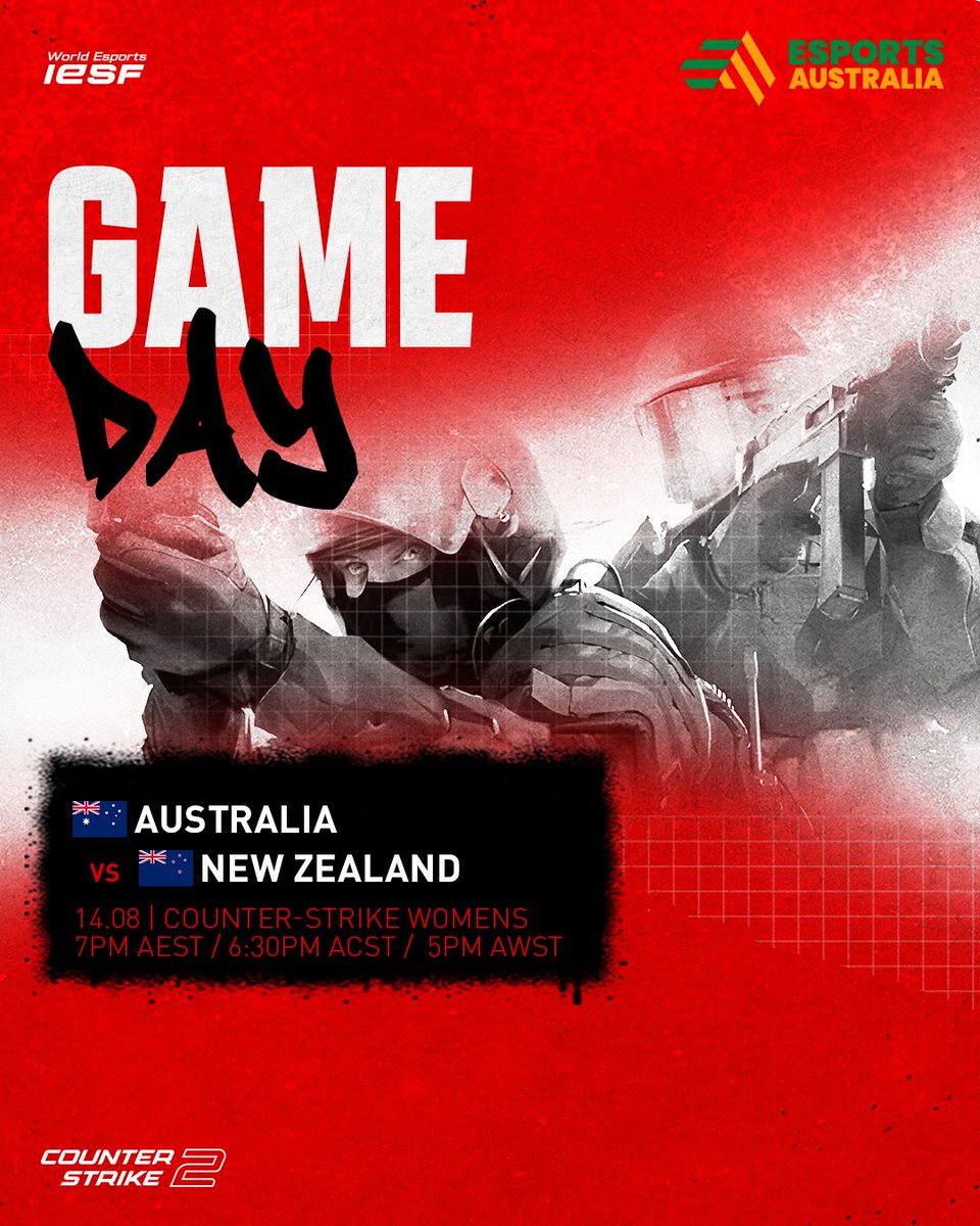 Game Day for our Counter-Strike 2 Women's Squad!

Our friends over at <a href="/NZ_Esports_/">NZ Esports</a> will be broadcasting the match from 7PM AEST!

Our Squad
<a href="/ARTeMis_CSGO/">ARTeMis 🍉</a> 
<a href="/epohCS/">hope</a> 
<a href="/hdizz_/">Hannah</a> 
<a href="/00conniecs/">connie</a>
<a href="/viviecs2/">viv</a> 

Coach: <a href="/BowserViri/">Eddie Viri</a> 

#WEC2025 #WorldEsports <a href="/iesf_official/">IESF</a>