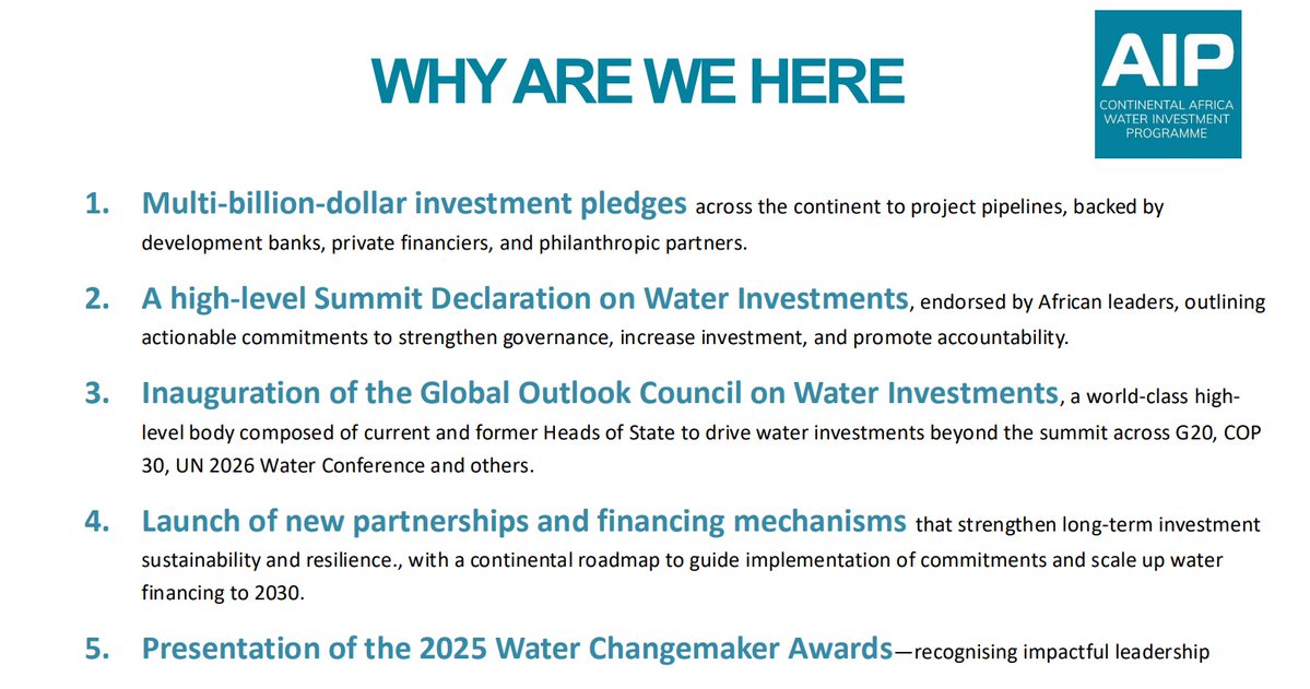 Water&SanitationRSA (@dws_rsa) on Twitter photo All you need to know about the AU-AIP Water Investment Summit that is currently underway in Cape Town. 👇🏾
#WaterInvestmentAfrica🌍💧 #G20SouthAfrica #ReKaofela
<a href="/David_Mahlobo1/">David Mahlobo</a> <a href="/seitlholo/">Isaac Sello</a> All you need to know about the AU-AIP Water Investment Summit that is currently underway in Cape Town. 👇🏾
#WaterInvestmentAfrica🌍💧 #G20SouthAfrica #ReKaofela
<a href="/David_Mahlobo1/">David Mahlobo</a> <a href="/seitlholo/">Isaac Sello</a>
