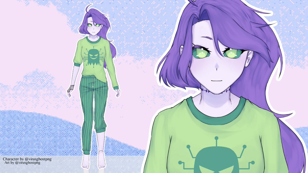 My VTuber model! 
By @/virusghostpng (me)

If you want one for yourself, I have 1 slot available on VGen! 💜💚

#VGen #Commission #comissionsopen #VGenComms #commsopen