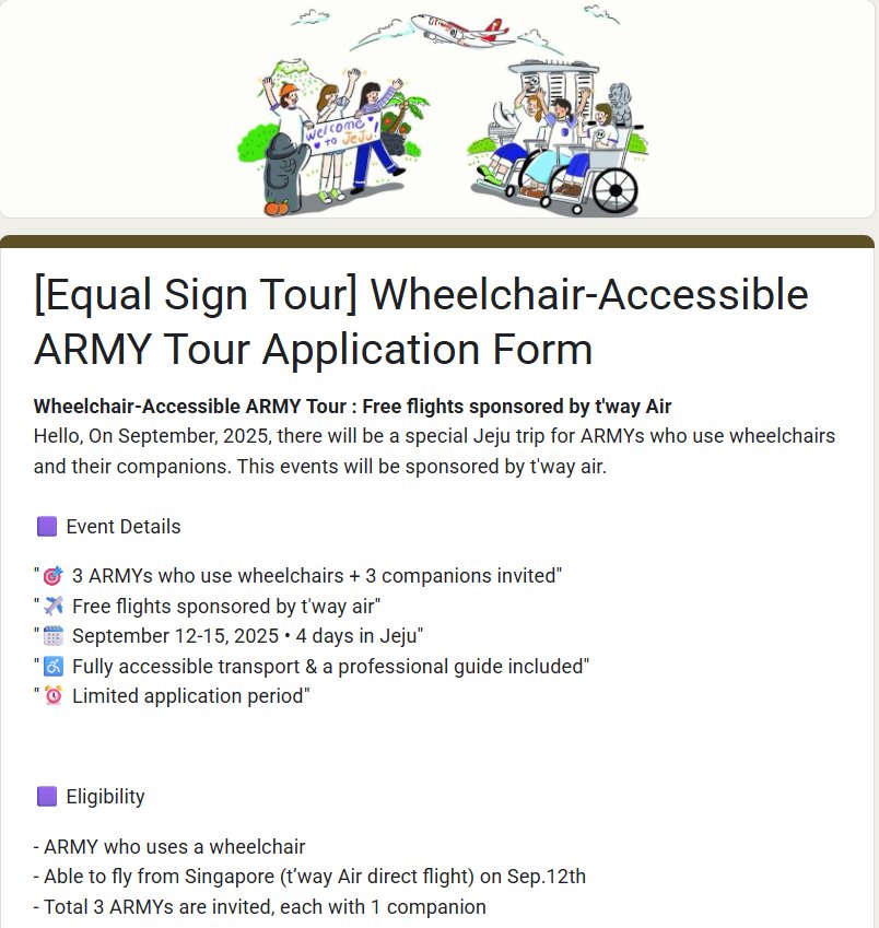 BeautifulSoulB7's tweet photo. ** Attention 🇸🇬🌍ARMY 😊!!!
(You don’t have to live in 🇸🇬Singapore to apply — as long as you can depart from 🇸🇬, you’re welcome to join!)

#BTSARMY who haven’t been able to visit #BTS’s country 🇰🇷 because getting around without a wheelchair🦽 is challenging — this is for you 💜!

Every year, a K-Culture festival is held in Jeju, and this year(Sept 12th ~13th), our fellow ARMY have joined the admin of the event and able to present the 〈2025 Purple Festa in Jenu〉! ✨

We’re gifting 
✈️round-trip flights from 🇸🇬Singapore to 🇰🇷Jenu
💜 3 ARMYs who use a wheelchair, plus 1 companion each — a total of 6 people!

Sep 12th will be dedicated to #BTSARMY, including dance lessons and cover performances;  Garden Concert at VEKE Garden(Jin's tvn Handsome Guys),  iconic BTS choreography class, Global ARMY Art Exhibition, ARMY Flea Market and etc.

📌 Application Link: https://t.co/NI17LZdkEe
📌 Event Info: https://t.co/kRrHYYIGg2
📌 The Straits Times Article :  https://t.co/b1HDvrsXww
📌Q and further inquiries: @Festa_In_Jeju