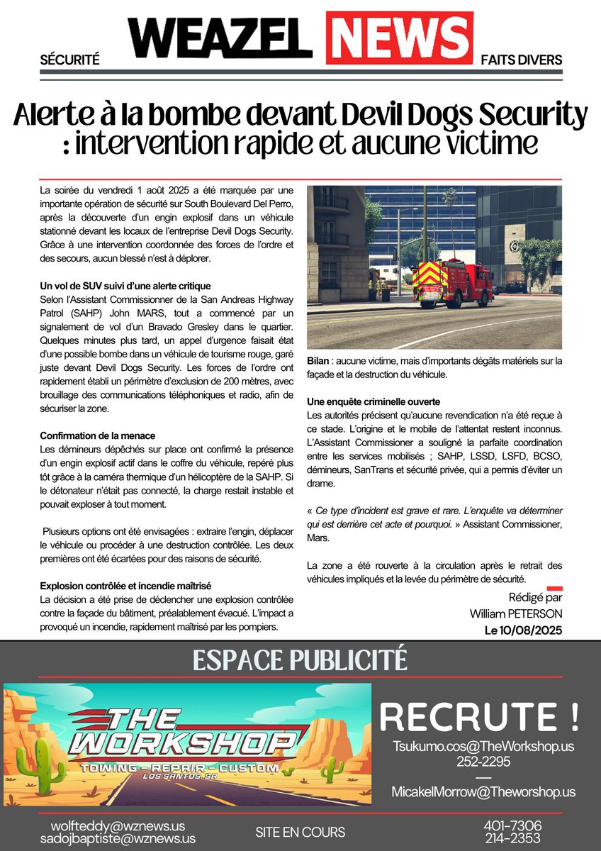 WZN_SA's tweet photo. 🟥  Alerte à la bombe devant Devil Dogs Security : intervention rapide et aucune victime

#LosSantos #AlerteBombe #InterventionRapide #EnquêteCriminelle #SanAndreas #SAHP #URGENT https://t.co/cdnxrPVHMW