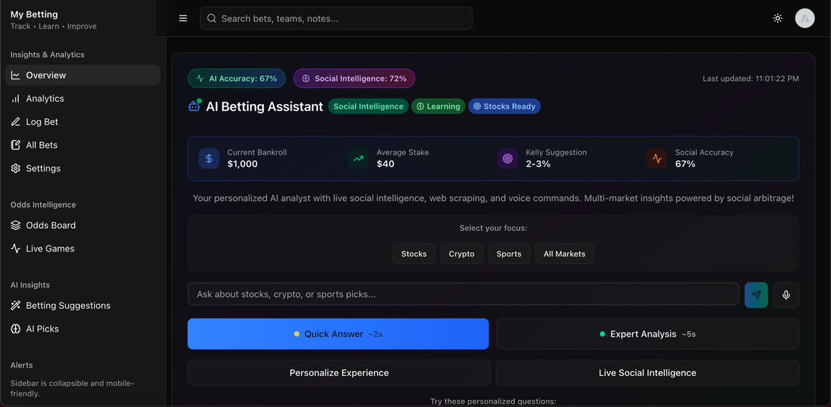 0xTONLY's tweet image. Don’t you wish we had #Jarvis for Stocks, Crypto, Sports Betting? Or maybe a Bloomberg Terminal for Sports? Or Maybe Another Version of you making money..WHILE YOU SLEEP?

Lemme introduce MY LATEST PROJECT!

ODDX - SMART IN RT

Feedbacks are WELCOME! 🤗
#BuildinPublic #MakerLog