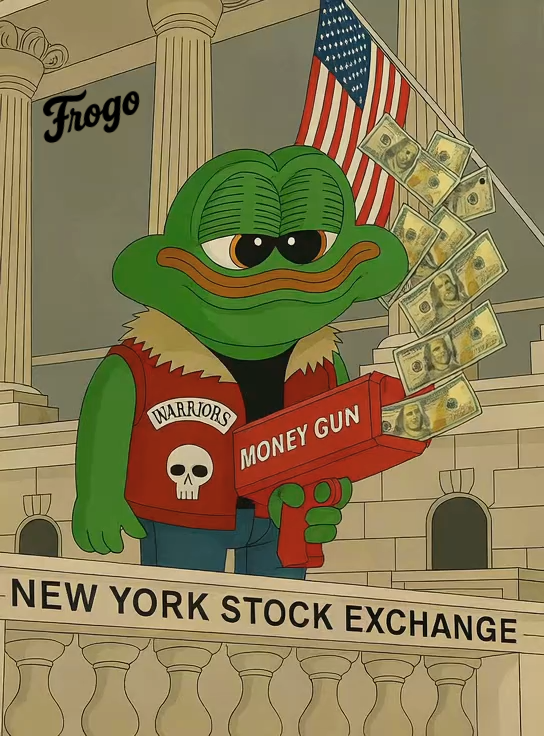 FrogoTheFrogCTO's tweet photo. Frogo from Matt Furie's new book cortex vortex is at the New York stock exchange with a big beautiful money gun. He is sporting a vest inspired by the 1977 cult classic movie The Warriors. https://t.co/Ra9nD1F3Hx