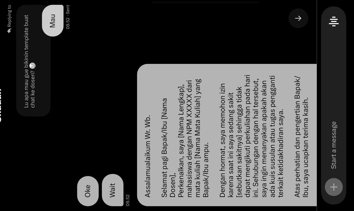 Rewga's tweet image. Day 1 izin gak masuk: dibikinin wording sama oomf.