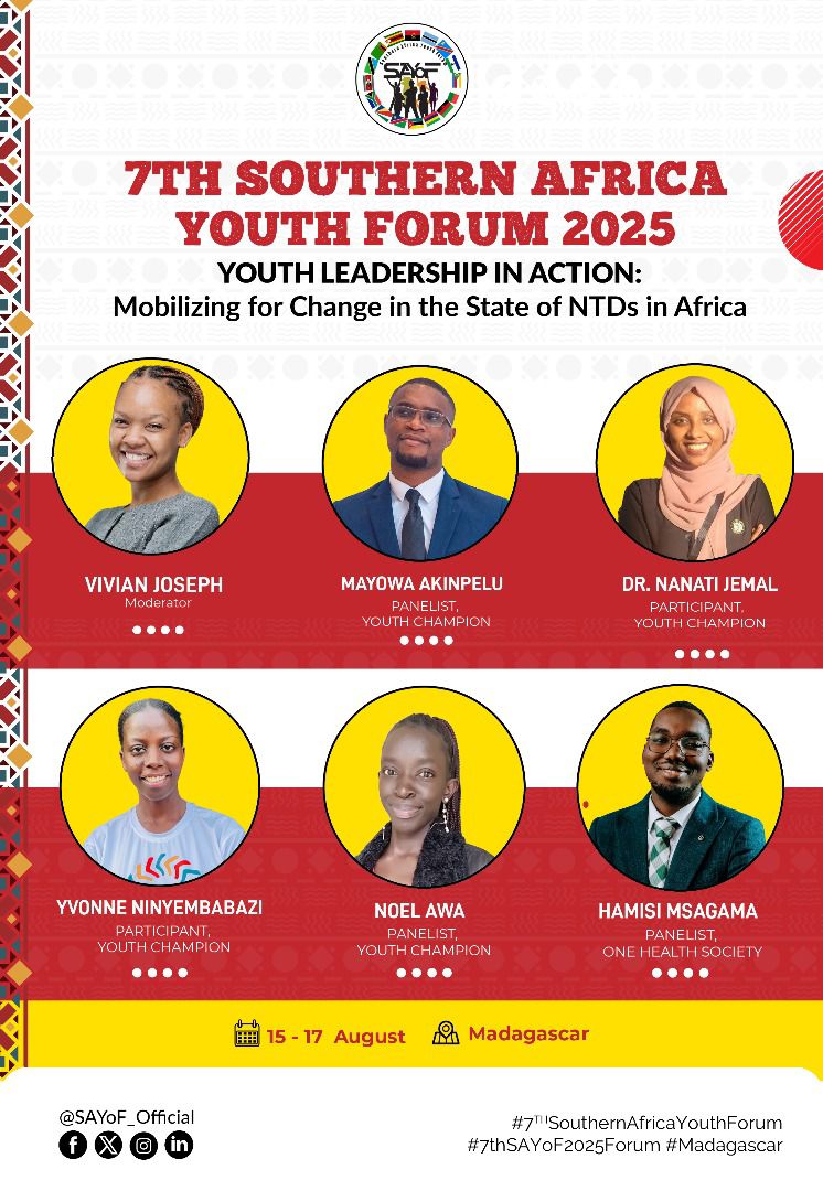 🚀Youth Leadership in Action‼️

Join us at the #7thSouthernAfricaYouthForum for a dynamic session on "Mobilizing for Change in the State of NTDs in Africa" hosted by SAYoF Health Cluster in collaboration with Youth Combating NTDs. 

#7thSouthernAfricaYouthForum #Madagascar