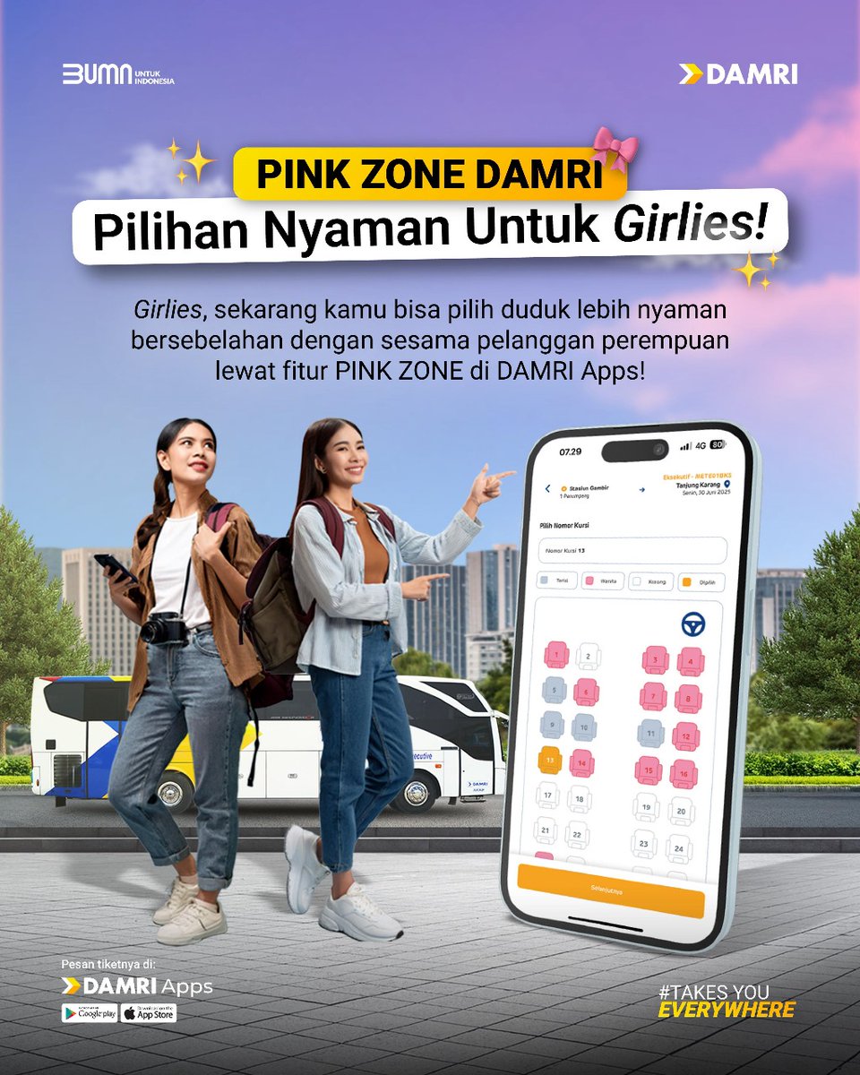 BumnRapiJypr's tweet photo. No Worry, Bestie! Pink Zone Sekarang Hadir di DAMRI Apps
Girls, pernah nggak sih pengen duduk nyaman tanpa canggung waktu naik bus? DAMRI dengerin kamu! Lewat fitur PINK ZONE di DAMRI Apps.
#DAMRI
#AyoNaikDAMRI
#DAMRITakesYouEverywhere #PinkZoneDAMRI #DAMRIRules https://t.co/0pKLdOjcz9