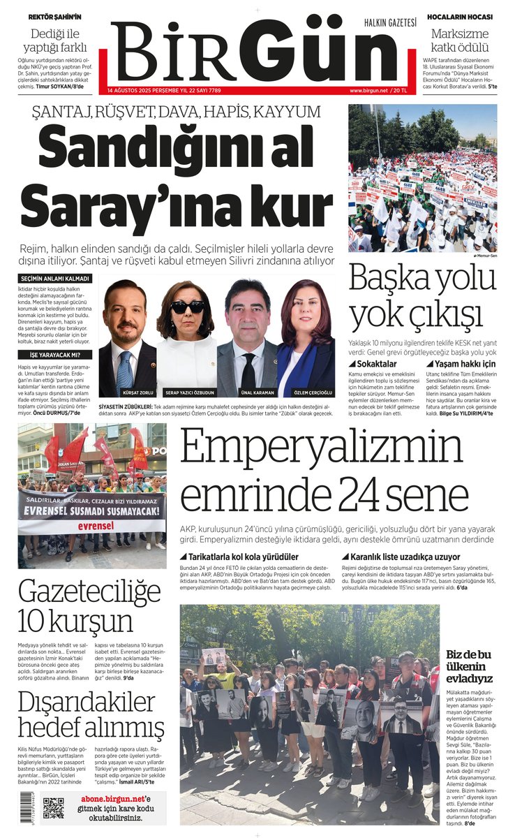 Şantaj, rüşvet, dava, hapis, kayyum

Sandığını al Saray’ına kur

Rejim, halkın elinden sandığı da çaldı. Seçilmişler hileli yollarla devre dışına itiliyor. Şantaj ve rüşveti kabul etmeyen Silivri zindanına atılıyor
birgun.net/haber/sandigin…
Bugünün BirGün'ü...