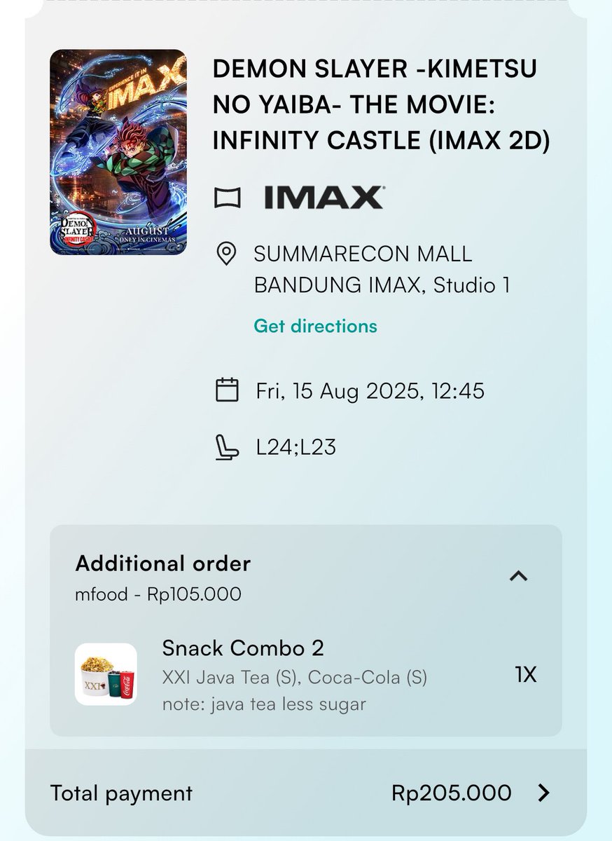 seviradk's tweet photo. WTS 2 Tiket Demon Slayer IMAX Summarecon Bandung. Salah milih jam guyss. 

Detail jam &amp; seat ada di foto bawah. Yg mau boleh komen yaaa https://t.co/eEKyHWuiek