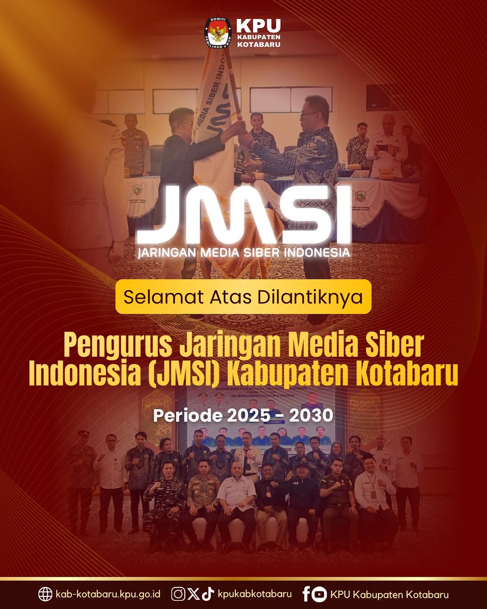 kpukabkotabaru's tweet photo. #TemanPemilih, KPU Kabupaten Kotabaru mengucapkan:
Selamat & Sukses atas dilantiknya Pengurus Jaringan Media Siber Indonesia (JMSI) Kabupaten Kotabaru Periode 2025 - 2030.
#KPUMelayani
#KPUKotabaru
#jmsi https://t.co/ny9JiTecsN
