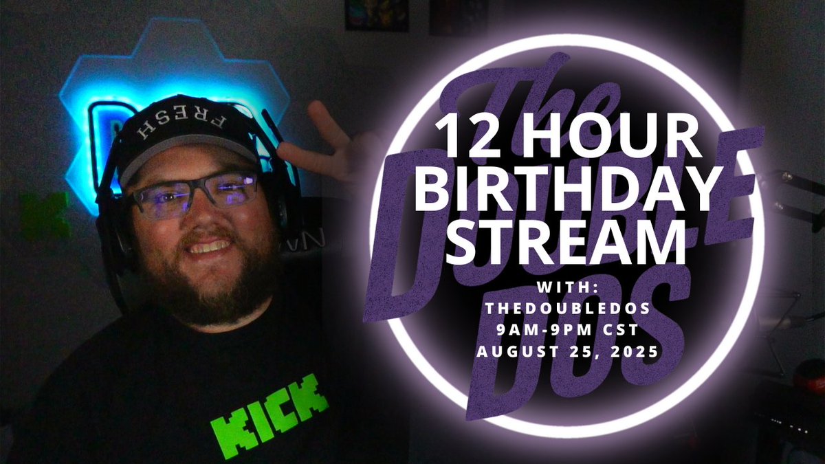 Come join me on Monday, August 25th 2025 for fun, games, laughs, giveaways, and an overall good time for my 12 Hour Birthday Celebration Stream! 

I will be live all day on <a href="/KickStreaming/">Kick</a> celebrating with y'all! Can't wait to see y'all there! 💚