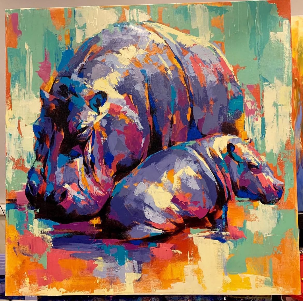 **SOLD** Mothering 30x30 acrylic on canvas. #art #artist #artoftheday #instaart #fineart #artcollector #artgallery #painting #acrylicpainting #paintingoftheday #vancouverart #popart #modernart #hippo #animals #wildlife #mother