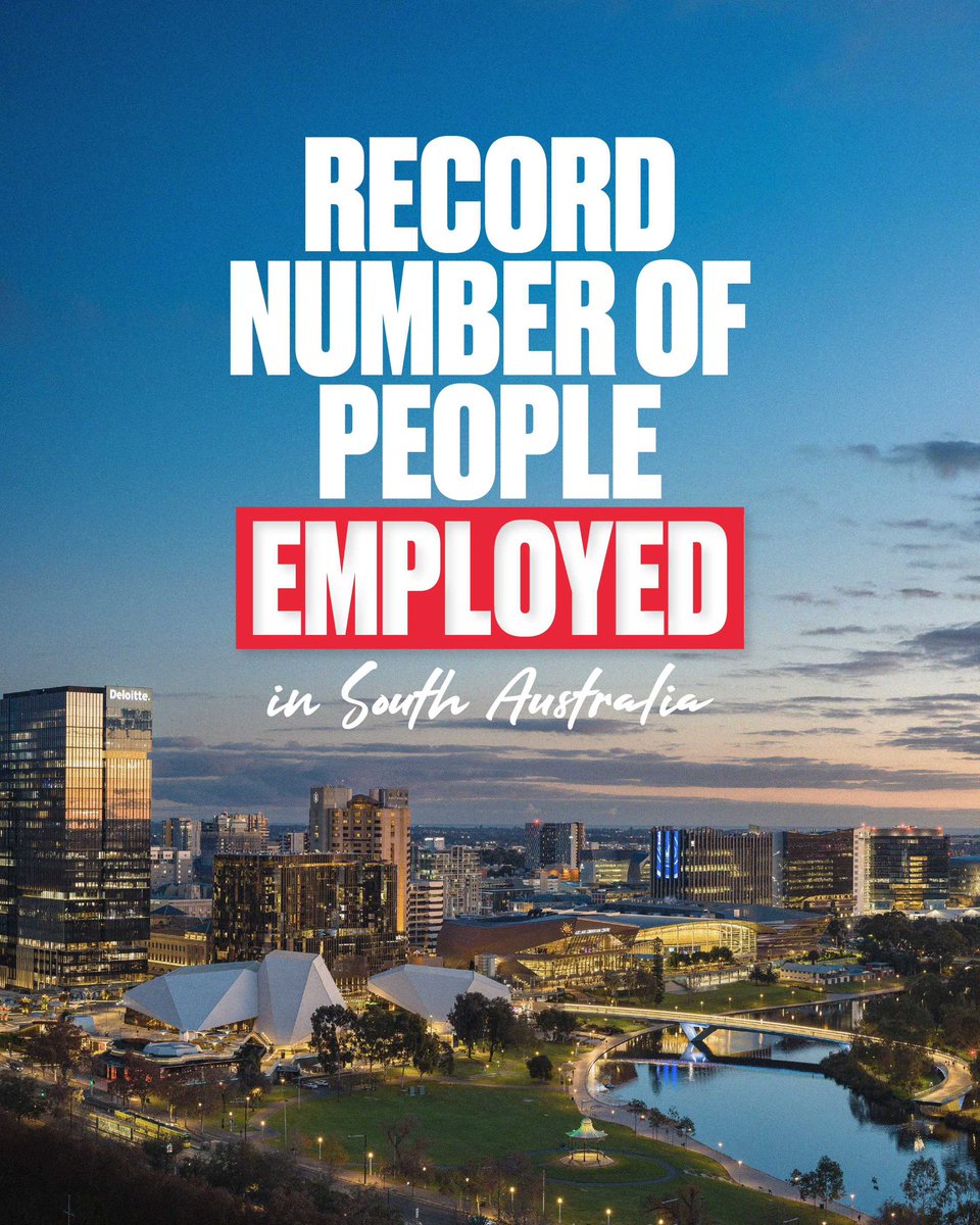 South Australia is working, literally. 

979,900 people are employed in South Australia according to ABS data July 2025, a new record high 🙌