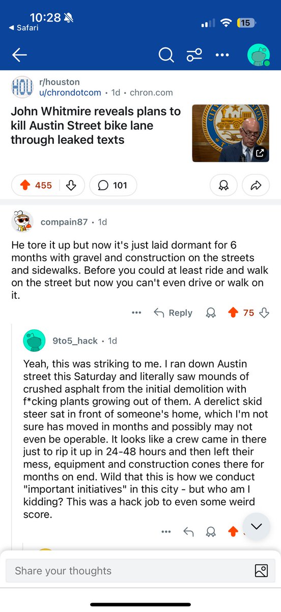 <a href="/HoustonTX/">City of Houston</a> <a href="/houmayor/">Houston Mayor's Office</a> if you’re ever curious about young Houstonian perspectives, read Reddit over Nextdoor

reddit.com/r/houston/s/Iv…

Reddit
•18–29: ~44% 
•30–49: ~31%  
•50–64: ~11%  
•65+: ~3%  

Nextdoor
•18–29: ~31%
•30–44: ~32%
•45–54: ~28%
•55+: ~29%