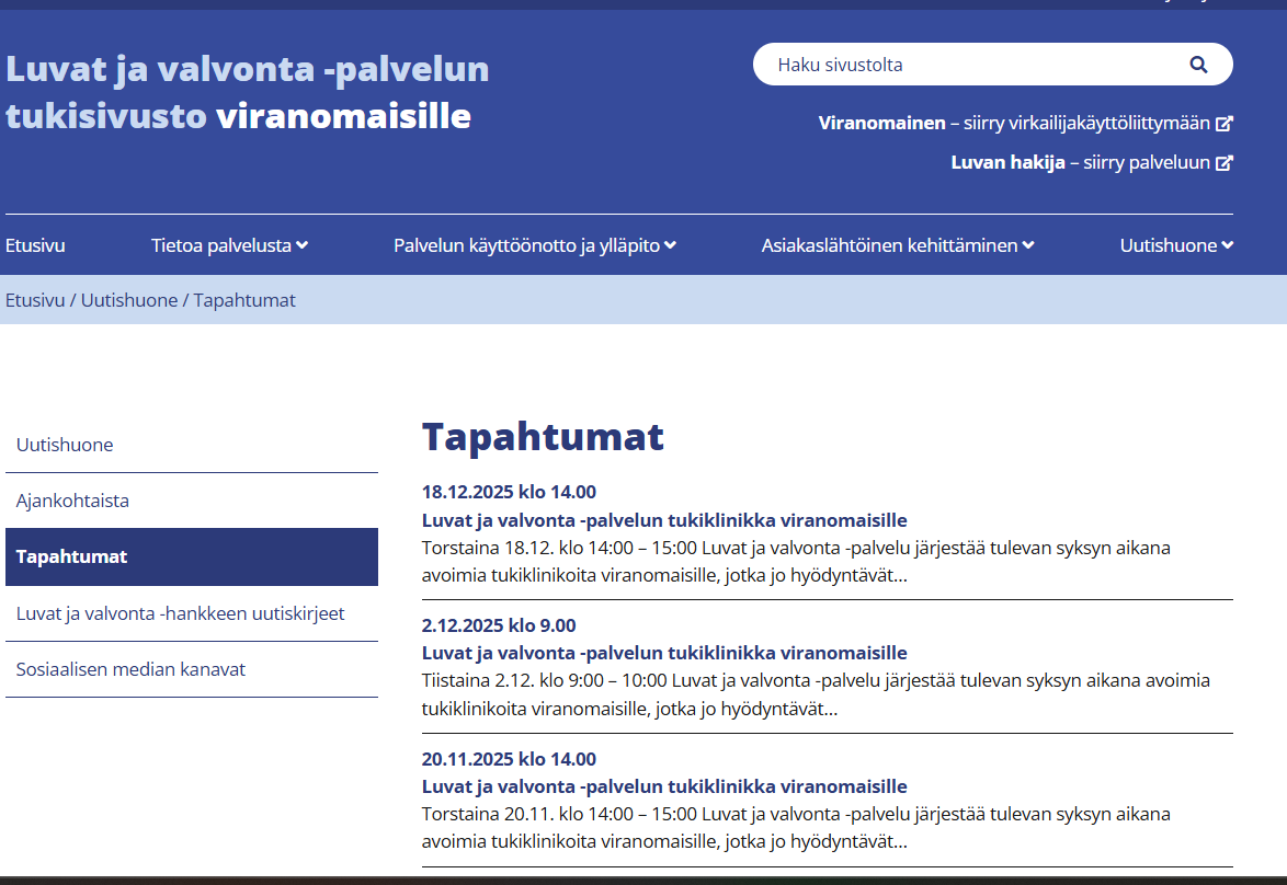 Luvat ja valvonta -palvelu järjestää tulevan syksyn aikana tukiklinikoita viranomaisille, jotka jo hyödyntävät palvelua omissa lupaprosesseissaan tai ovat suunnittelemassa ottaa palvelun käyttöönsä #digiluvat #yksiluukku Lue lisää 👉luvatjavalvonta.fi/uutishuone/tap…