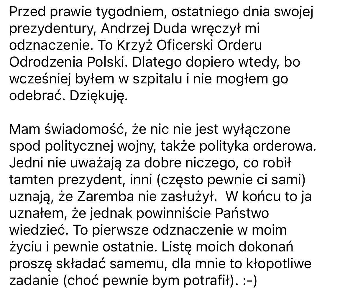 Krzyż Oficerski Orderu Odrodzenia Polski dla Piotra Zaremby 🇵🇱