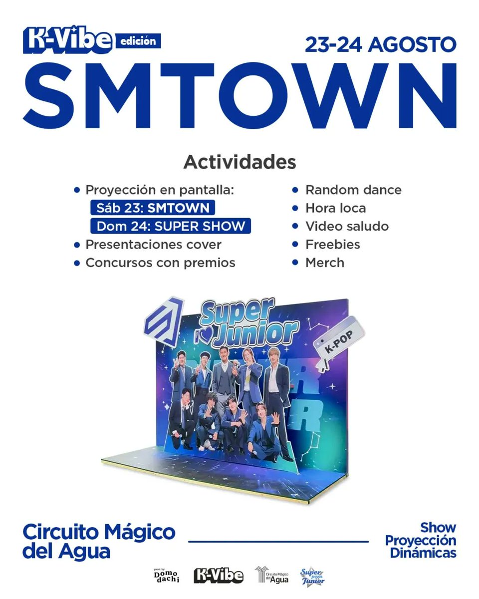 hatoperu's tweet photo. 【𝙀𝙑𝙀𝙉𝙏𝙊】K-VIBE Edición SMTOWN 🩷💙🌟 en el Circuito Mágico del Agua del @Parque_Reserva

¿Estás list@ para este gran evento hecho especialmente para ti?🗯️🇰🇷

¡Si eres fan de los artistas de SM, no puedes perderte este festival! Donde además celebraremos la llegada de Super Junior,  Kai de EXO y Minho de SHINee a nuestro país 🇵🇪😎

Aquí podrás disfrutar de
⛲La primera PROYECCIÓN EN LA FUENTE FANTASIA DE ARTISTAS SM
- Sábado 23: SMTOWN
- Domingo 24: Super Junior

🎥 Proyección de conciertos en la gran pantalla del escenario✨
- Sábado 23: SMTOWN LIVE
- Domingo 24: SUPER SHOW 

🎉 HORA LOCA K-POP con los hits en tendencia de tus artistas favoritos de K-Pop (BTS, Blackpink, Stray Kids, I-dle, Ateez y más)💃🏻🕺🏻

🩷 Fanclubs Invitados 🙌

Zonas decorativas para tomarte fotos, dance covers en vivo, venta de merch, freebies, sorteos y mucho más❗❗❗

Lugar: 
💙 Circuito Mágico del Agua - Zona Tangüis-Cherry Blossom

Hora:
💖 De 3:00pm a 7:00pm

¡Etiqueta a tus amigxs y disfrutemos juntos de este gran festival! 🥳 

Organizado por @hatoperu y prodbydomodachi ✨