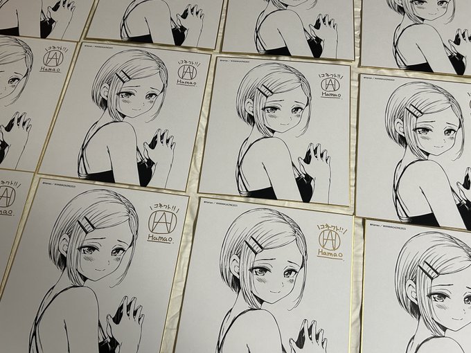 新刊宣伝用複製色紙にサイン入れる作業。
一部読者プレゼント用に回すみたいな話も聞いた。 