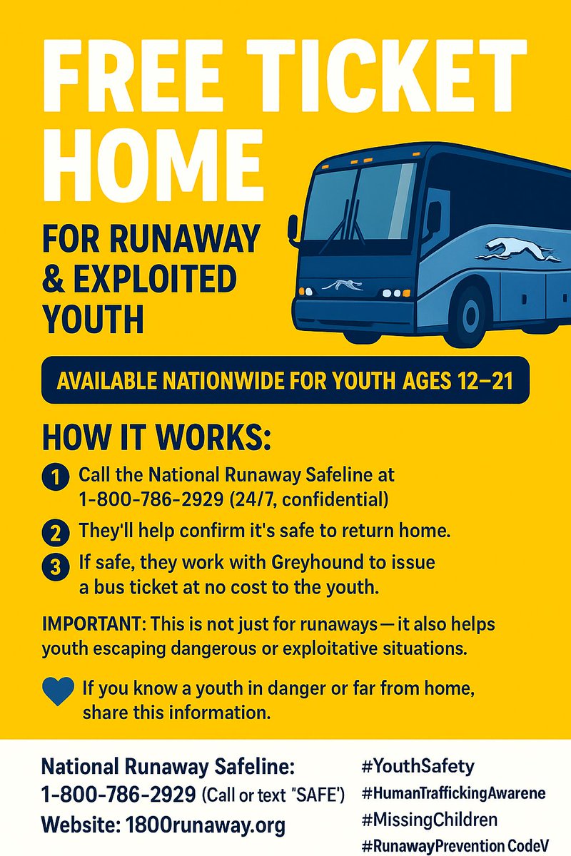 Official_BP20's tweet photo. Now is a good time to bring this program to light. 

🚨PARENTS🚨
🚍 THE GREYHOUND BUS LINE HAS A PROGRAM FOR Free Tickets Home for Runaway, MISSING OR Exploited Youth: 

Many people don’t know this, but Greyhound Bus Lines partners with the National Runaway Safeline to offer FREE https://t.co/rbSdEBJoN4