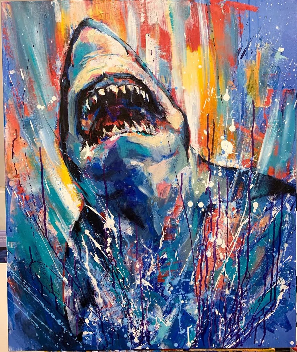 Shark on fire fell into tubs with paint.
Experimental kind of day today - "Shark Splash!" 30x36 inches acrylic on canvas. #art #artoftheday #artist #artcollector #artgallery #acrylicpainting #modernart #painting #paintingoftheday #inspiration #shark #greatwhiteshark #wildlife