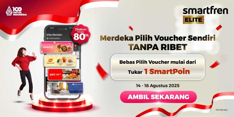 smartfrencare's tweet photo. 🎉 Merdeka pilih voucher favorit kamu TANPA ribet!
Tukar mulai dari 1 SmartPoin dan nikmati diskon hingga 80% 🤩
📅 Periode: 14–18 Agustus 2025
📲 Ambil sekarang dan rasakan bebasnya belanja hemat!
#smartfren #smartfrencare #smartpoin https://t.co/ExDsAJDdvp