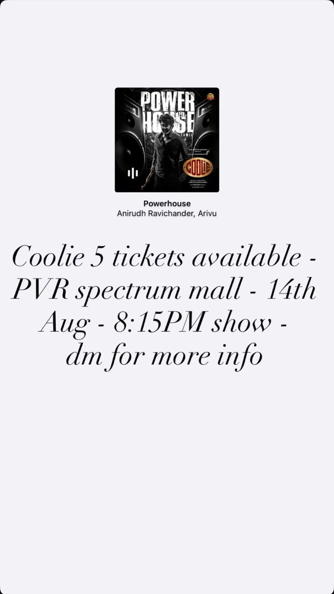 nandhu77's tweet photo. @saloon_kada Coolie 5 tickets available- pvr spectrum mall - 8:15PM show - dm for price https://t.co/CuIwgPyBRI
