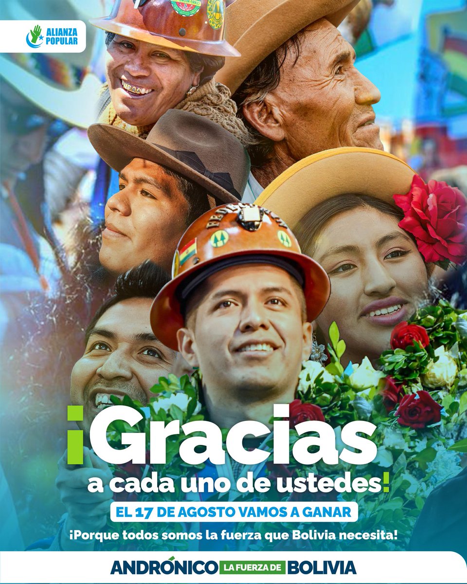 AP_Bolivia25's tweet photo. "Gracias Bolivia 🇧🇴🙌 Este 17 de agosto ganaremos y seremos el cambio que nuestro pueblo merece. 💪✨

#AndronicoPresidente #MarianaVice #AlianzaPopular #LaFuerzaDeBolivia https://t.co/d9RZazMGN6