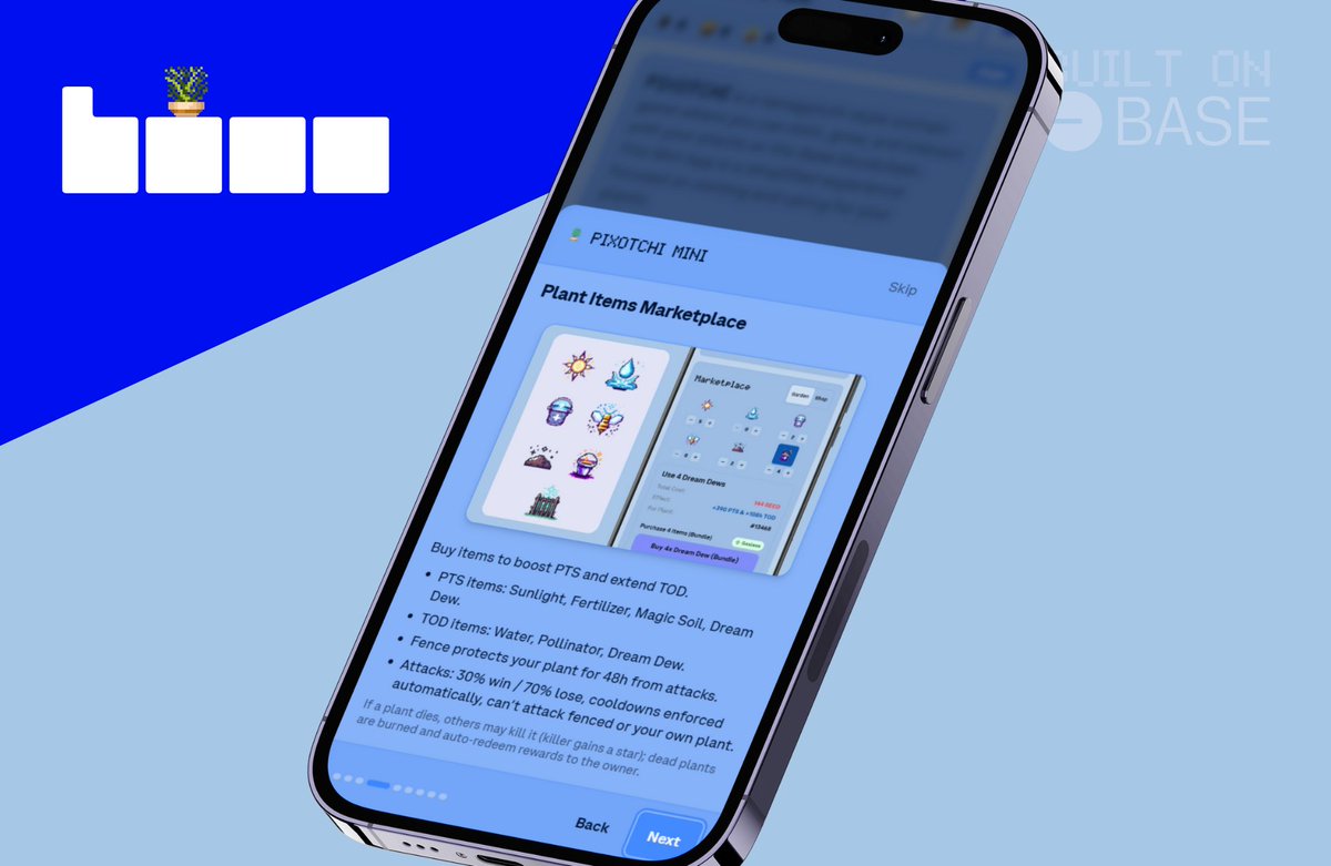 🟦 First miniapp update in Public Beta pushed!

Changelog:

- Marketplace building
Need more $LEAF or $SEED? Headover to Marketplace in your Land to trade LEAF/SEED!

- Game tutorial
Not sure what to do first or next? The tutorial on first visit or from About tab will now teach