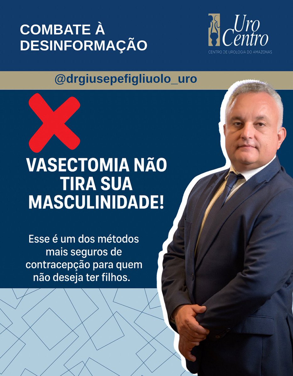 giuseppefigliu4's tweet photo. 💬 Vasectomia sem tabus
A vasectomia é um método seguro, eficaz e que não altera sua masculinidade. Ainda assim, a decisão deve ser bem informada e personalizada. O urologista é o profissional ideal para esclarecer dúvidas, explicar o procedimento, indicar se ele é adequado para o seu caso e orientar sobre todos os aspectos antes e depois da cirurgia.

✅ Informação correta é o melhor caminho para decisões conscientes.
📲 Agende-se na Urocentro Manaus e tenha sempre o melhor atendimento
📱 (92) 98115-2318

#drgiuseppefigliuolo 
#vasectomia #urologista #saude #saudeurologica #contracepcao #planejamentofamiliar #conscientizacao #urocentromanaus