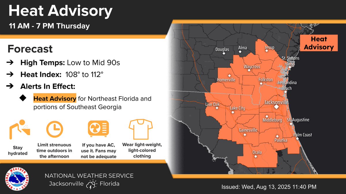 Another Heat Advisory is in effect today for all of northeast Florida &amp; most of southeast Georgia. 

Max heat indices within the advisory area will be 108-112 degrees. Stay cool and be safe outdoors!